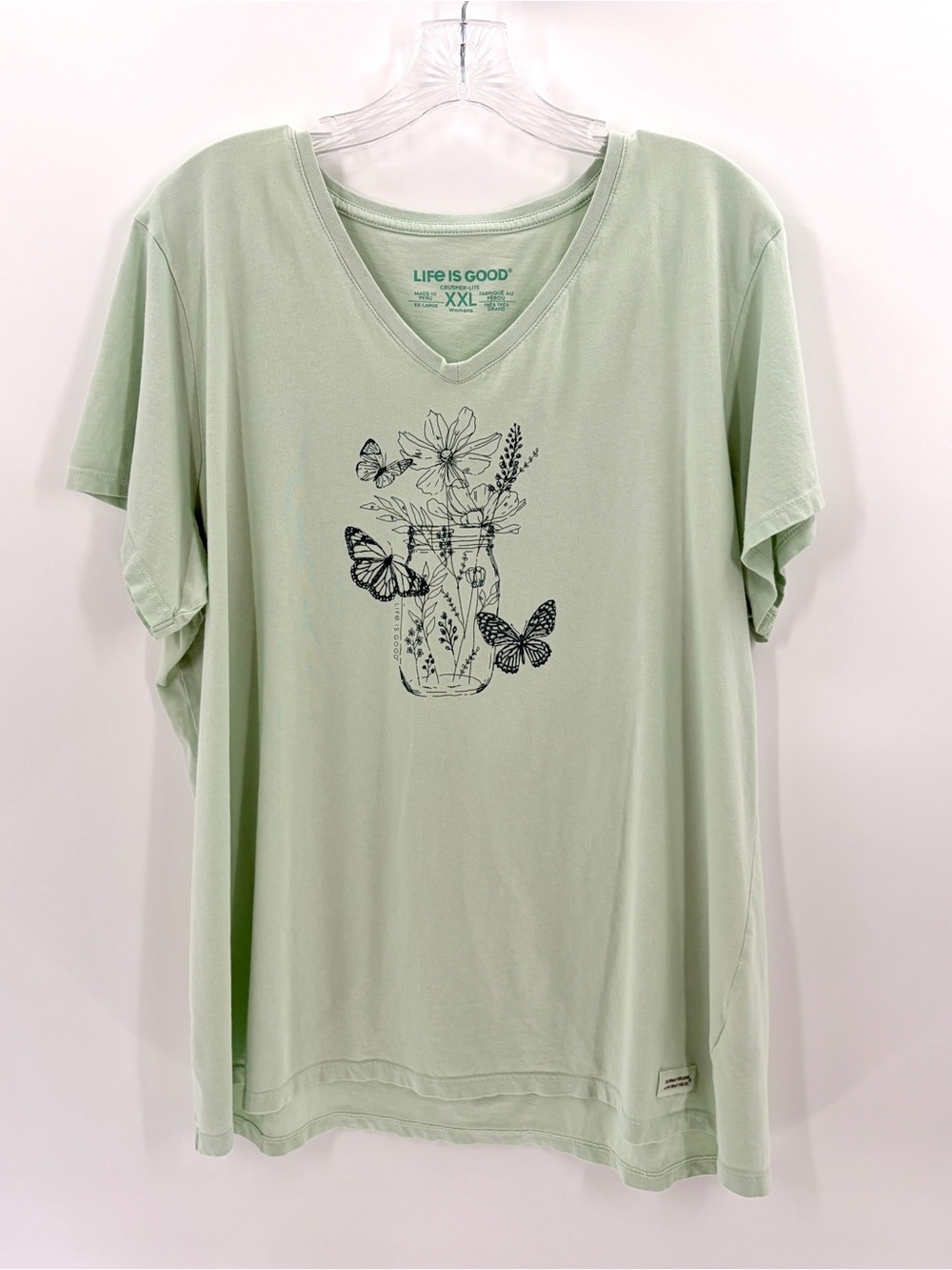 Life Is Good Sage V-Neck Tee with Mason Jar & Butterfly Graphic